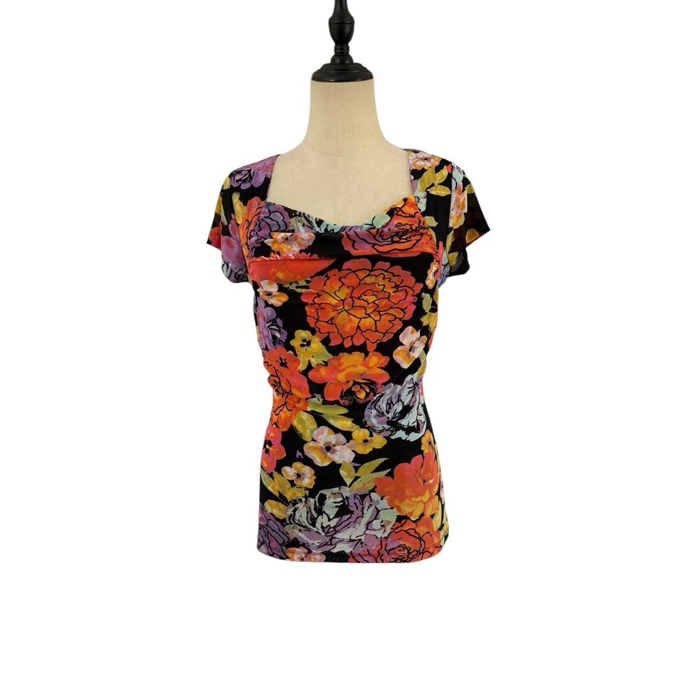 Vtg 90s Cable & Gauge Y2K Mesh Floral Top Cowl Neck Sheer Stretch Blouse Sz S
